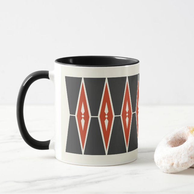 Red and Black Nordic Geometric Pattern Design Mug (With Donut)