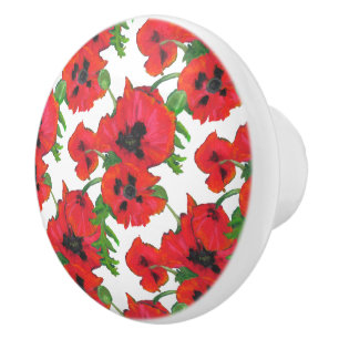 Red and Black Oriental Poppies Pattern on White Ceramic Knob