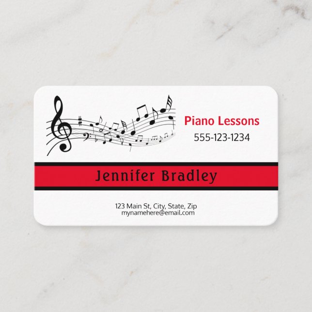Red and Black, Piano Teacher Business Cards (Front)