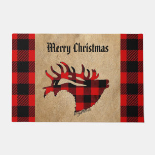 Red and Black Plaid Bull Elk Christmas Doormat