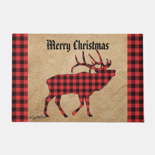 Red and Black Plaid Bull Elk Christmas Doormat