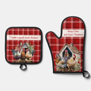 Red and Black Plaid Chicken Funny Quote Oven Mitt & Pot Holder Set