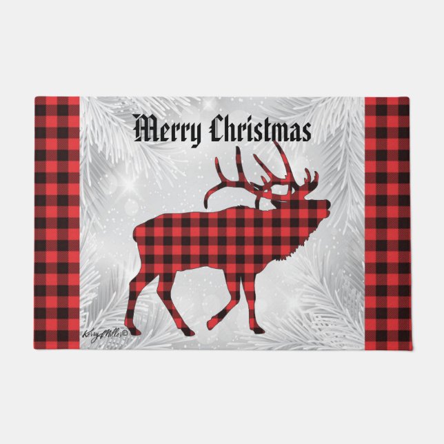 Red and Black Plaid Christmas Bull Elk Doormat (Front)