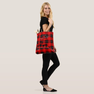 Red and black plaid deer and background tote bag