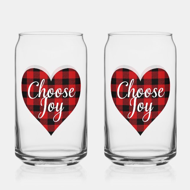 Red and Black Plaid Heart Motivational Art Can Glass (Front)