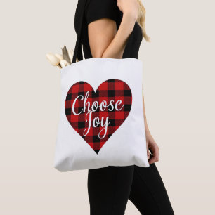 Red and Black Plaid Heart Motivational Art Tote Bag