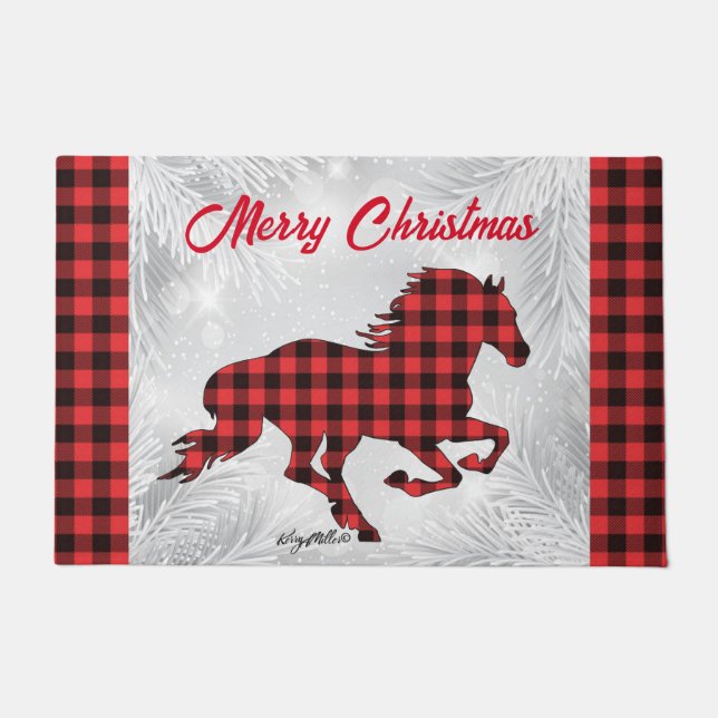 Red and Black Plaid Horse Christmas Doormat (Front)