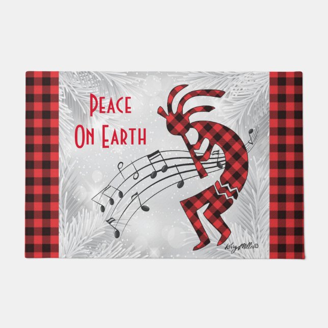 Red and Black Plaid Kokopelli Christmas Doormat (Front)