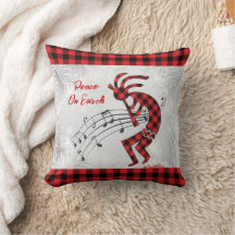 Red And Black Plaid Kokopelli Christmas Pillow