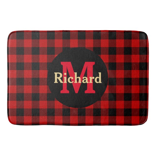 Red and Black Plaid Monogram and Name Bath Mat (Front)