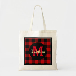 Red and Black Plaid Monogram and Name Tote Bag