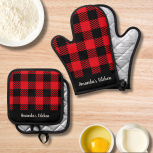 Red and Black Plaid Pattern Vintage Typography Oven Mitt & Pot Holder Set