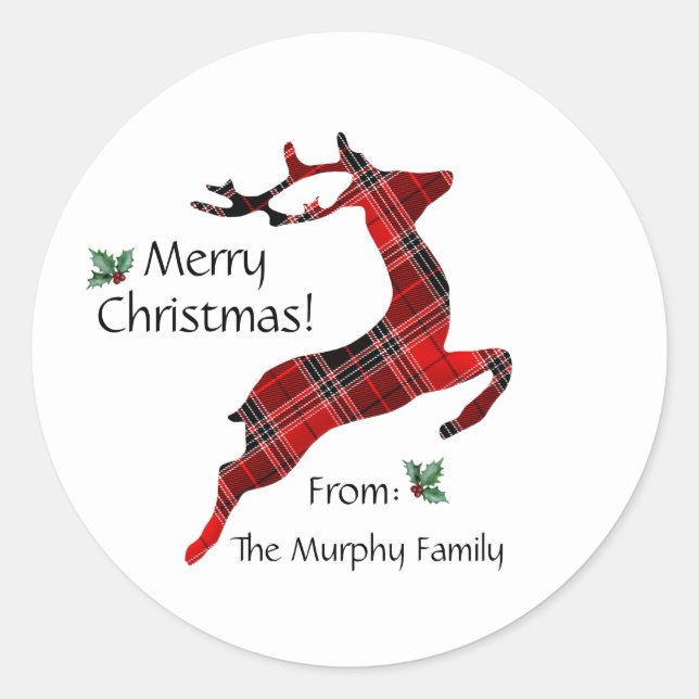 Red And Black Plaid Reindeer Classic Round Sticker (Front)