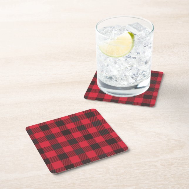 Red And Black Plaid Square Paper Coaster (Insitu)