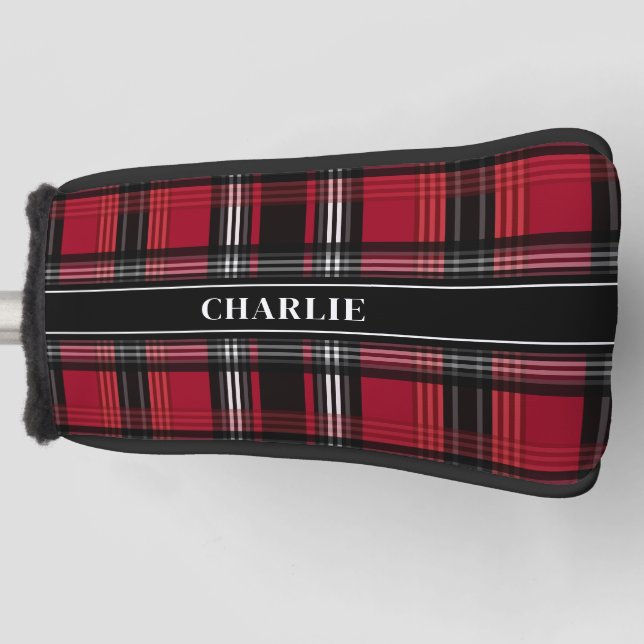 Red And Black Plaid Tartan Pattern And Custom Name Golf Head Cover (Front)