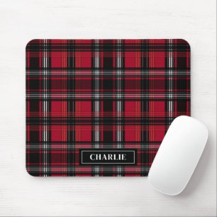 Red And Black Plaid Tartan Pattern And Custom Name Mouse Mat
