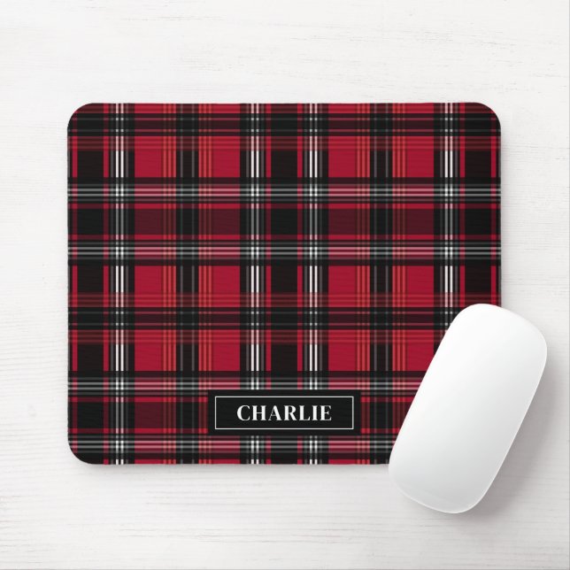 Red And Black Plaid Tartan Pattern And Custom Name Mouse Mat (With Mouse)