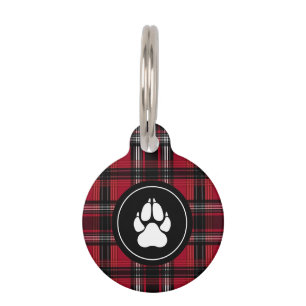 Red And Black Plaid Tartan Pattern With Paw Print Pet Tag