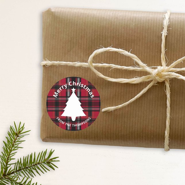 Red And Black Plaid Tartan Pattern With Text Classic Round Sticker (Festive design for the Holiday season. Personalize with your custom text.)