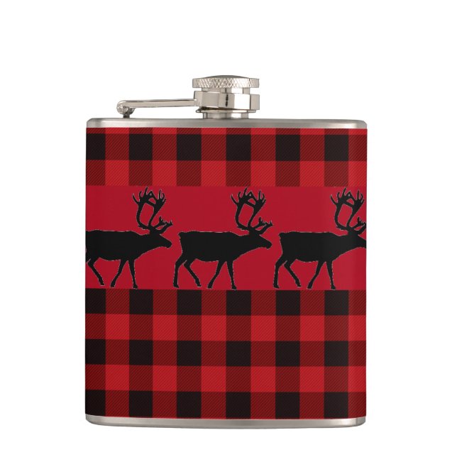 Red and black plaid with Elk accent Hip Flask (Front)