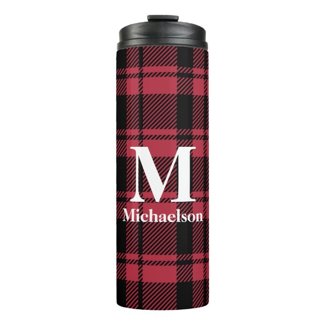 Red and Black Plaid with Monogram Name Thermal Tumbler (Front)