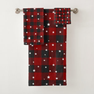 Red and black plaid with stars  bath towel set