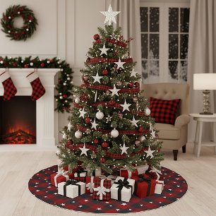 Red and black plaid with stars brushed polyester tree skirt