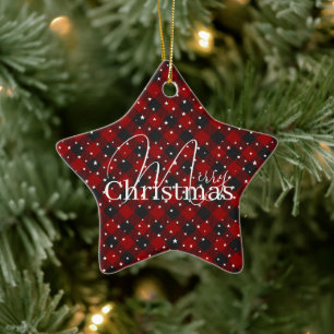 Red and black plaid with stars  ceramic ornament