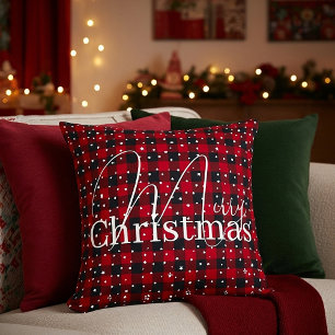 Red and black plaid with stars cushion