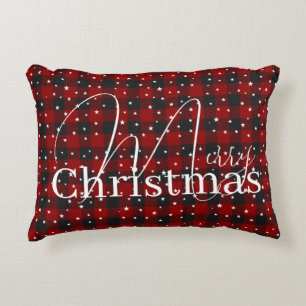 Red and black plaid with stars decorative cushion