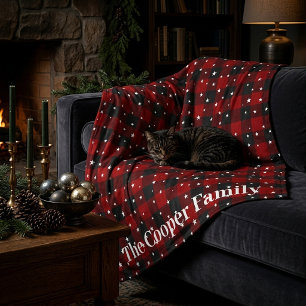 Red and black plaid with stars personalised fleece blanket