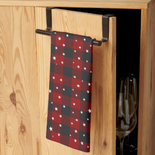 Red and black plaid with stars  tea towel