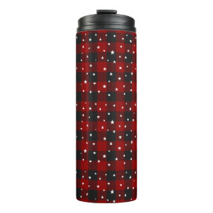 Red and black plaid with stars thermal tumbler