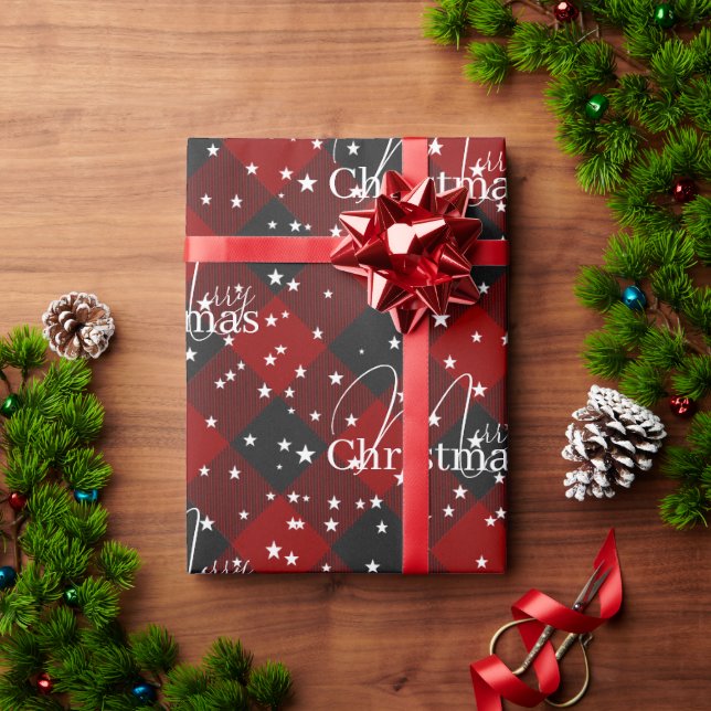 Red and black plaid with stars  wrapping paper (Holiday Gift)