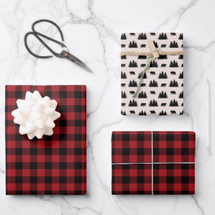 Red and Black Plaid Woodland Wrapping Paper Sheet