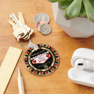 Red and Black Poker Chip Birthday  - Personalise Key Ring