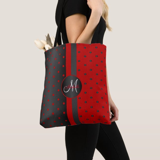 Red and Black Polka Dot Design Tote Bag (Close Up)