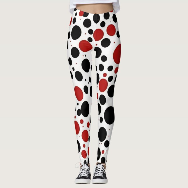 Red and Black Polka Dot Pattern Leggings (Front)