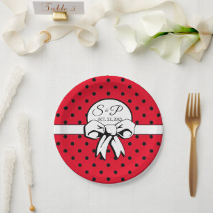 Red and Black Polka Dot White Bow Personalised Paper Plate