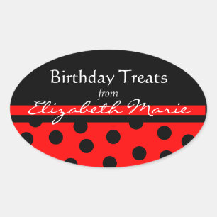 Red and Black Polka Dots with Name Oval Sticker