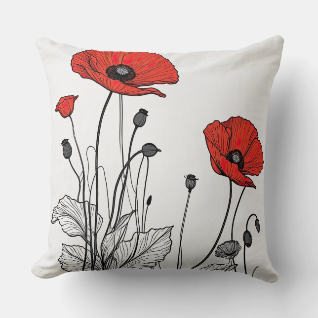 Red and black poppies cushion (Front)