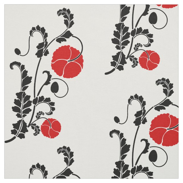 Red and Black Poppy Flower Pattern Fabric (Swatch)