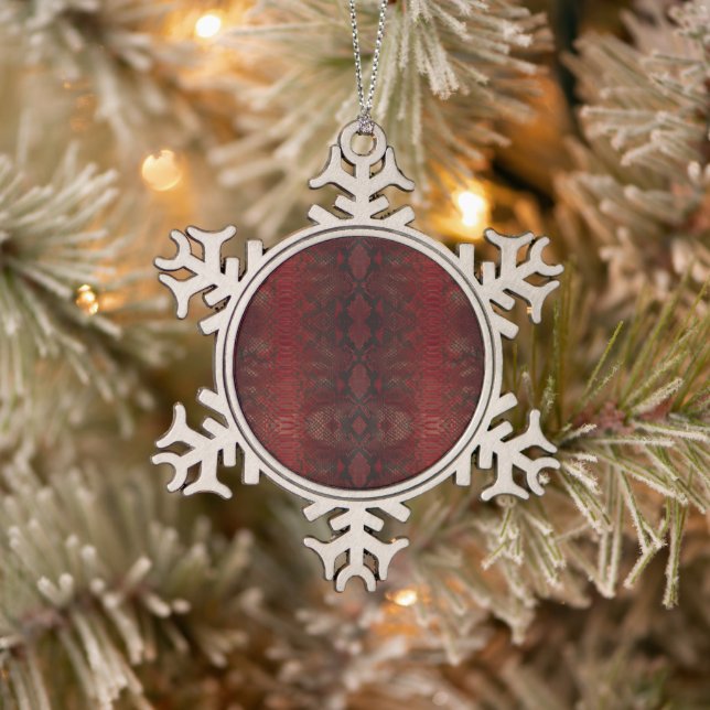 Red and Black Python Print Snowflake Pewter Christmas Ornament (Tree)