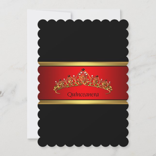 Red and Black Quinceanera Gold Tiara  Birthday Invitation (Front)
