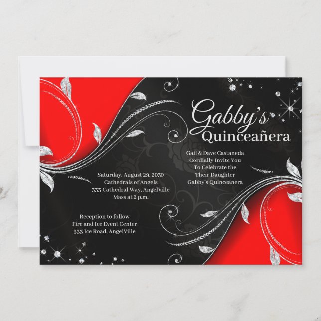 Red and black Quinceañera or Sweet 16 invitation (Front)