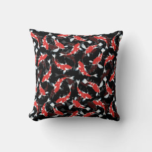 Red And Black Repeating Motif Koi Fish Pattern Cushion