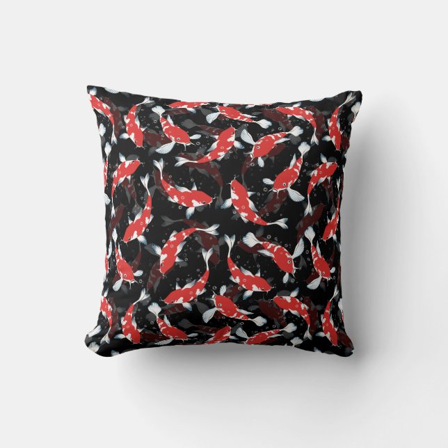Red And Black Repeating Motif | Koi Fish Pattern Cushion (Front)