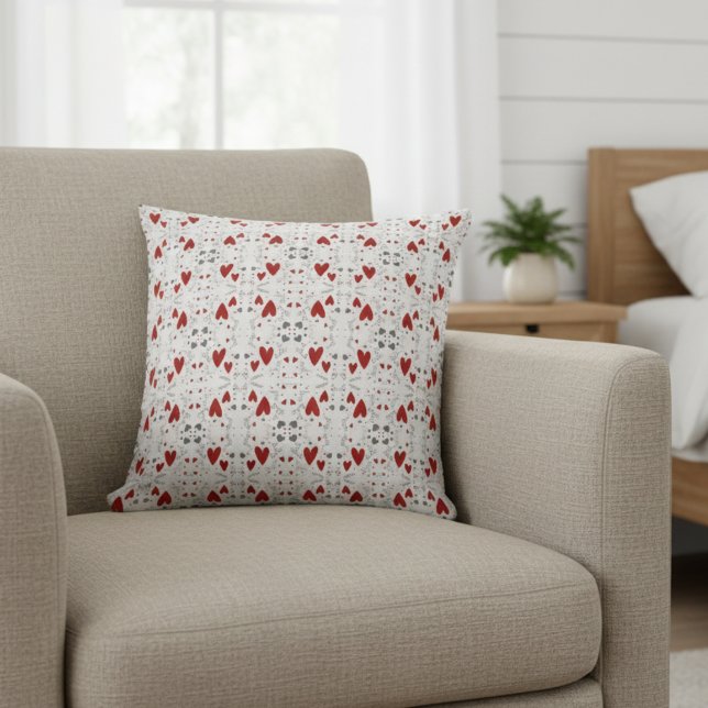 Red and Black Retro Hand Drawn Hearts Love  Cushion (cute red and black hearts hand drawn doodles accent pillow for her valentines theme bedroom decor)