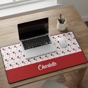 Red and Black Retro Hearts Monogram Name Desk Mat
