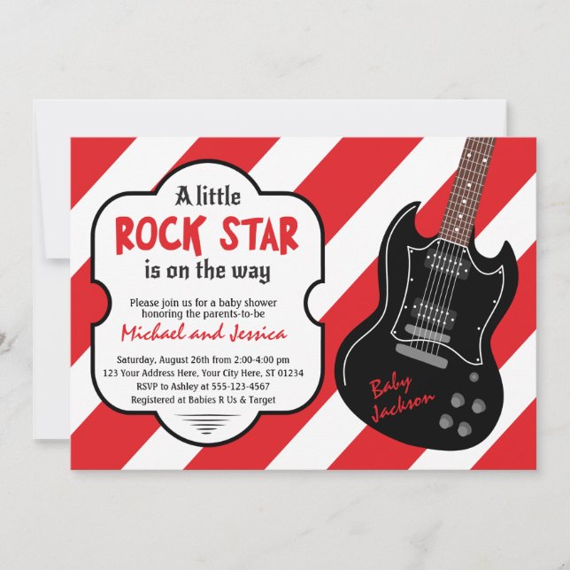 Red and Black Rock Star Rock a Bye Baby Shower Invitation (Front)